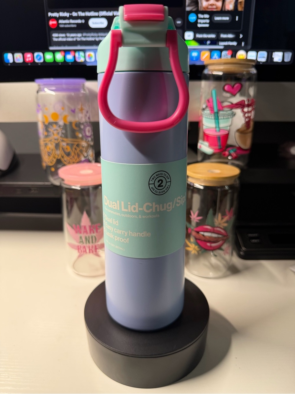 Dual Lid Water Bottle with Pink Carry Handle